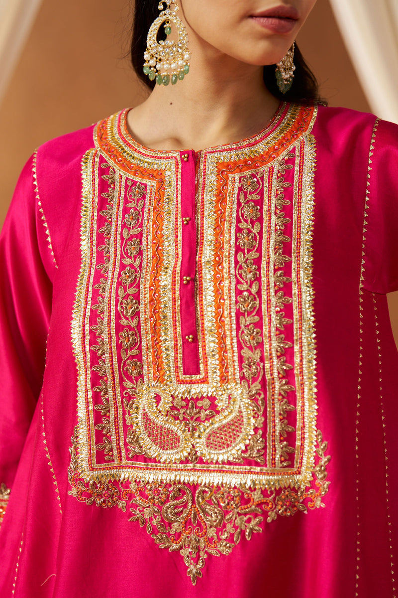 Daneen hotpink chauga with salwar silk chanderi kurta/kurta set by SHEETAL BATRA in pink for women Worldwide
