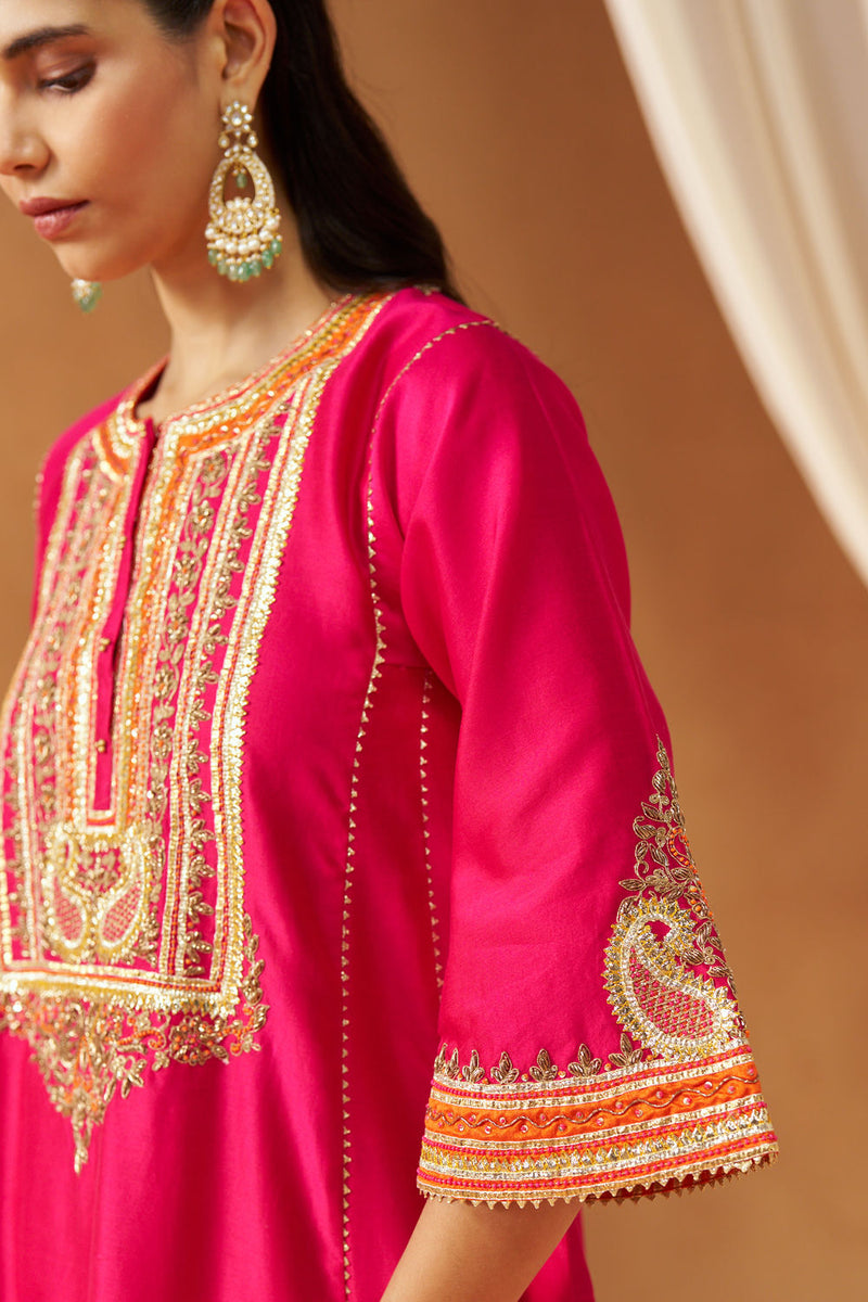 Daneen hotpink chauga with salwar silk chanderi kurta/kurta set by SHEETAL BATRA in pink for women Worldwide