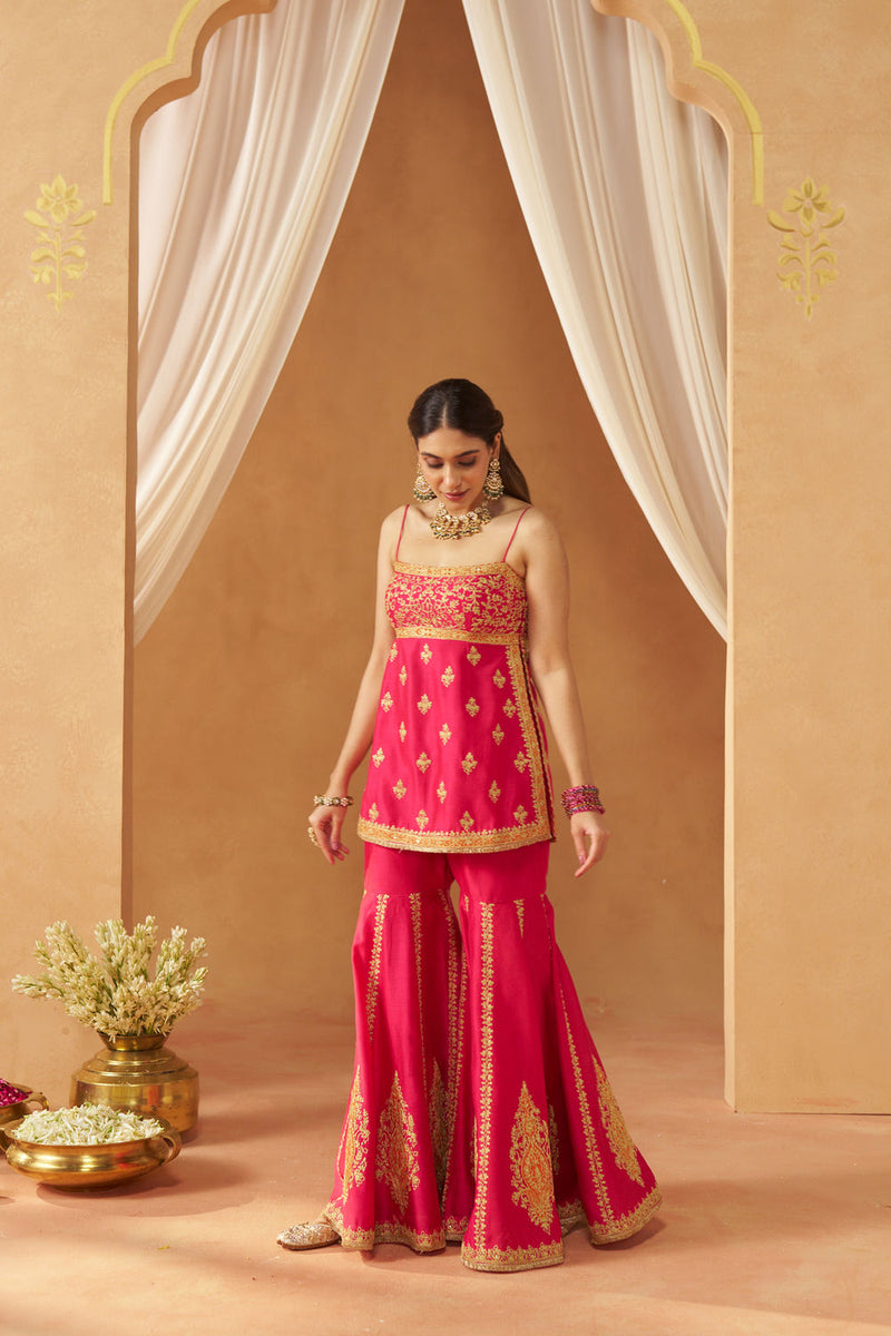 Najma Hotpink Kurta with Garara and Dupatta silk chanderi kurta/kurta set by SHEETAL BATRA in pink for women Worldwide