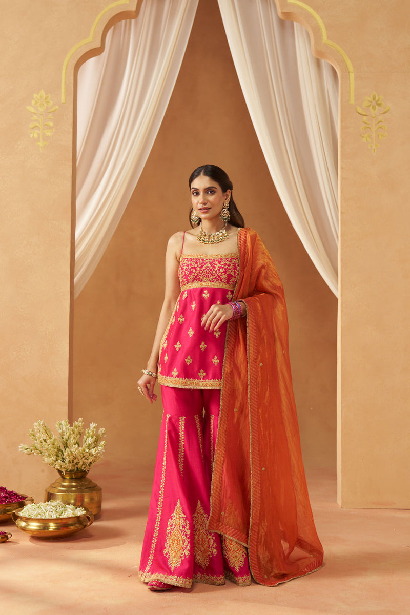 Najma Hotpink Kurta with Garara and Dupatta silk chanderi kurta/kurta set by SHEETAL BATRA in pink for women Worldwide