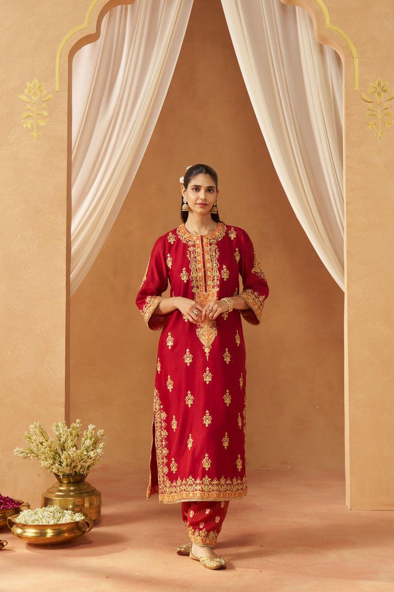 Mubina Deep Red Kurta with Salwar and Dupatta silk chanderi kurta/kurta set by SHEETAL BATRA in red for women Worldwide