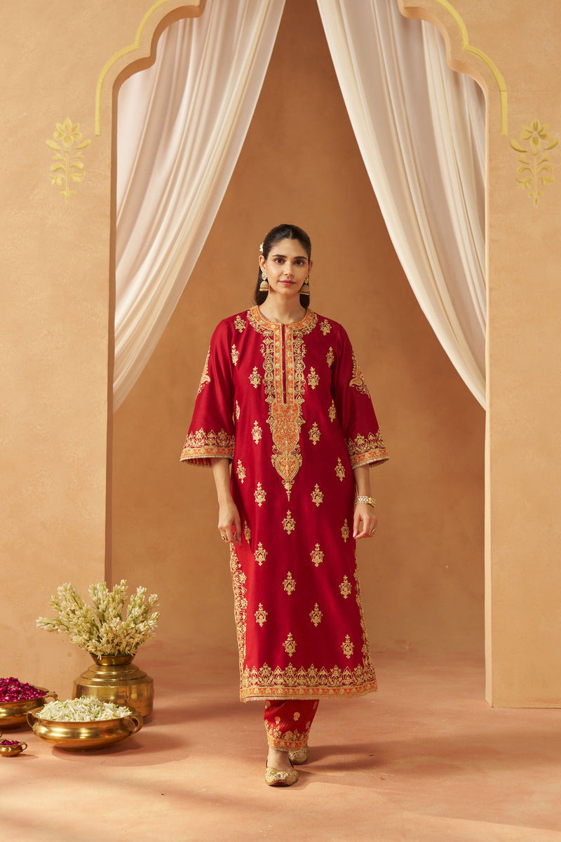 Mubina Deep Red Kurta with Salwar and Dupatta silk chanderi kurta/kurta set by SHEETAL BATRA in red for women Worldwide