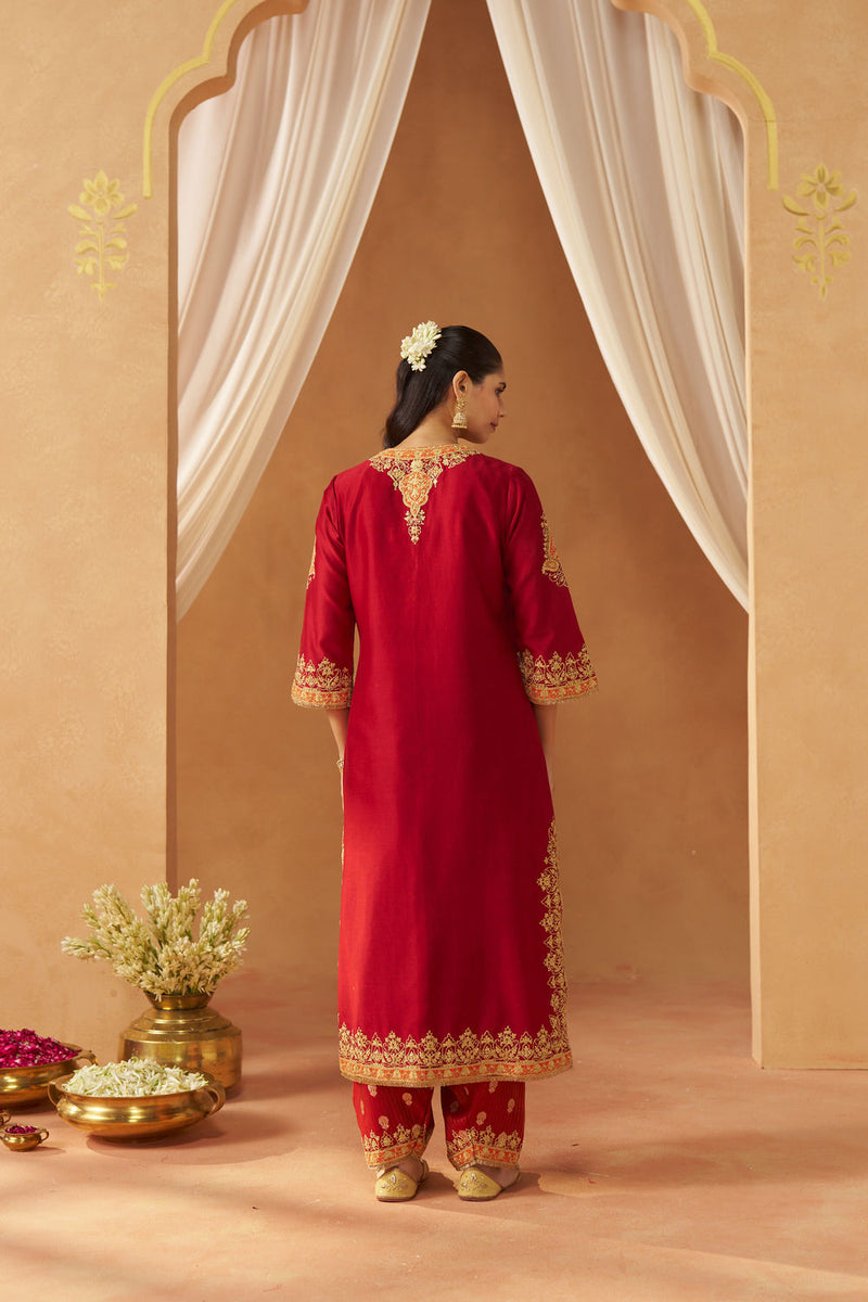 Mubina Deep Red Kurta with Salwar and Dupatta silk chanderi kurta/kurta set by SHEETAL BATRA in red for women Worldwide