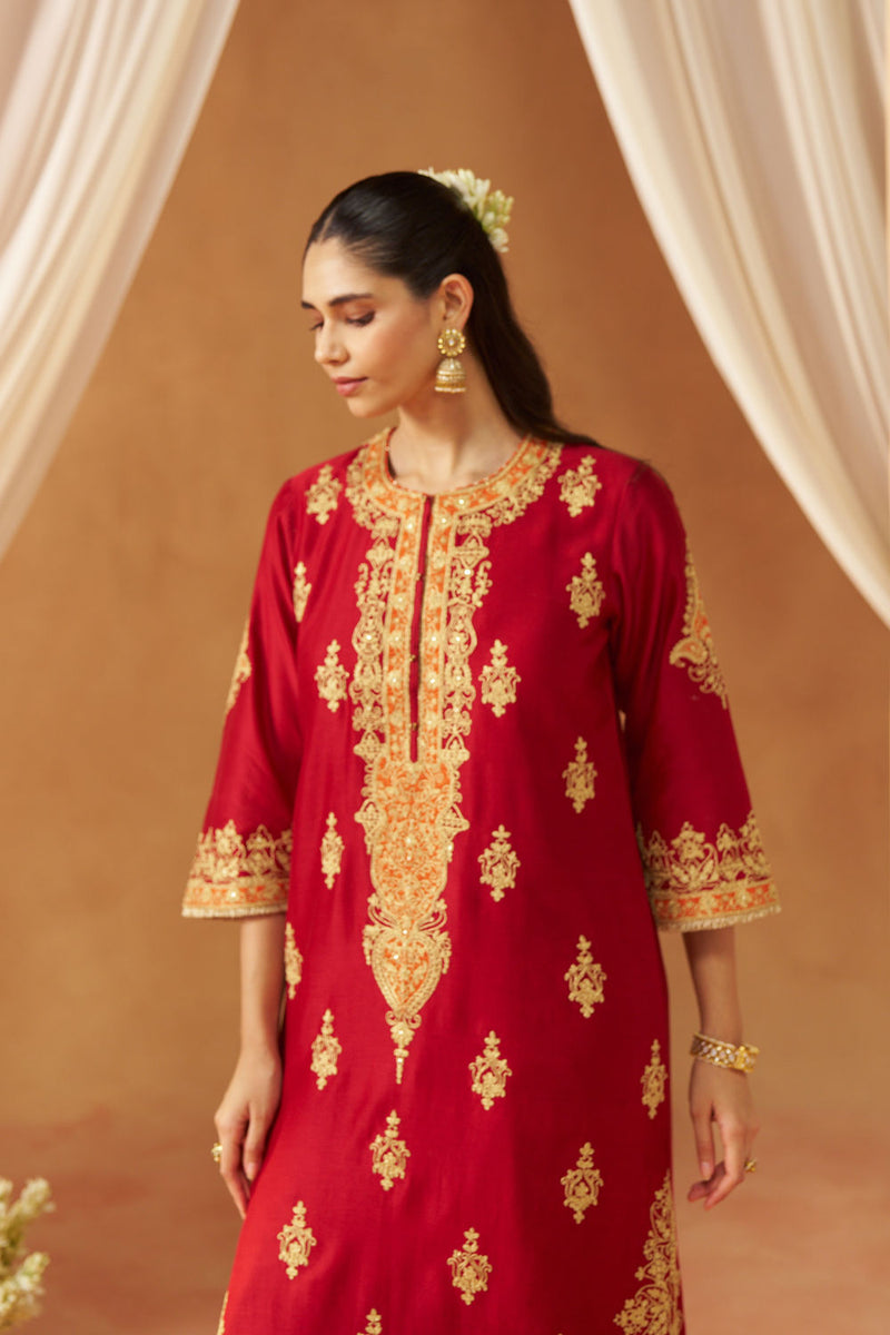 Mubina Deep Red Kurta with Salwar and Dupatta silk chanderi kurta/kurta set by SHEETAL BATRA in red for women Worldwide
