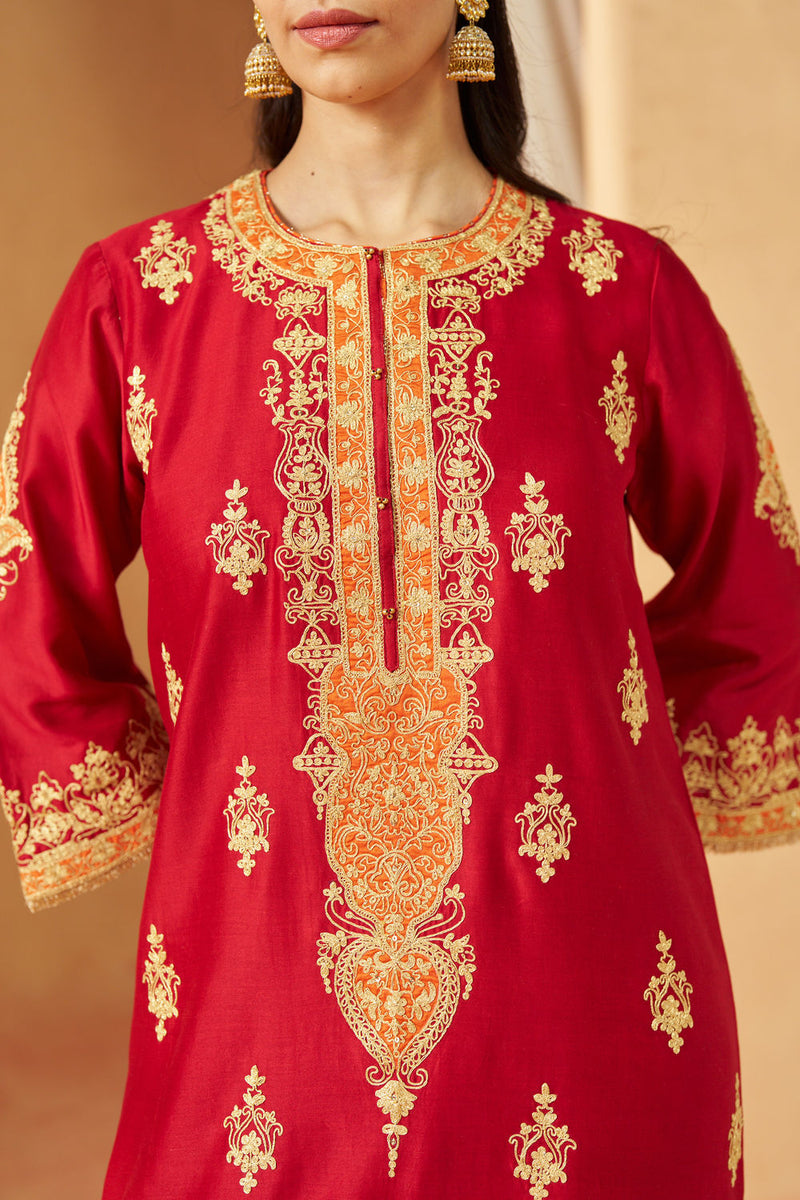 Mubina Deep Red Kurta with Salwar and Dupatta silk chanderi kurta/kurta set by SHEETAL BATRA in red for women Worldwide