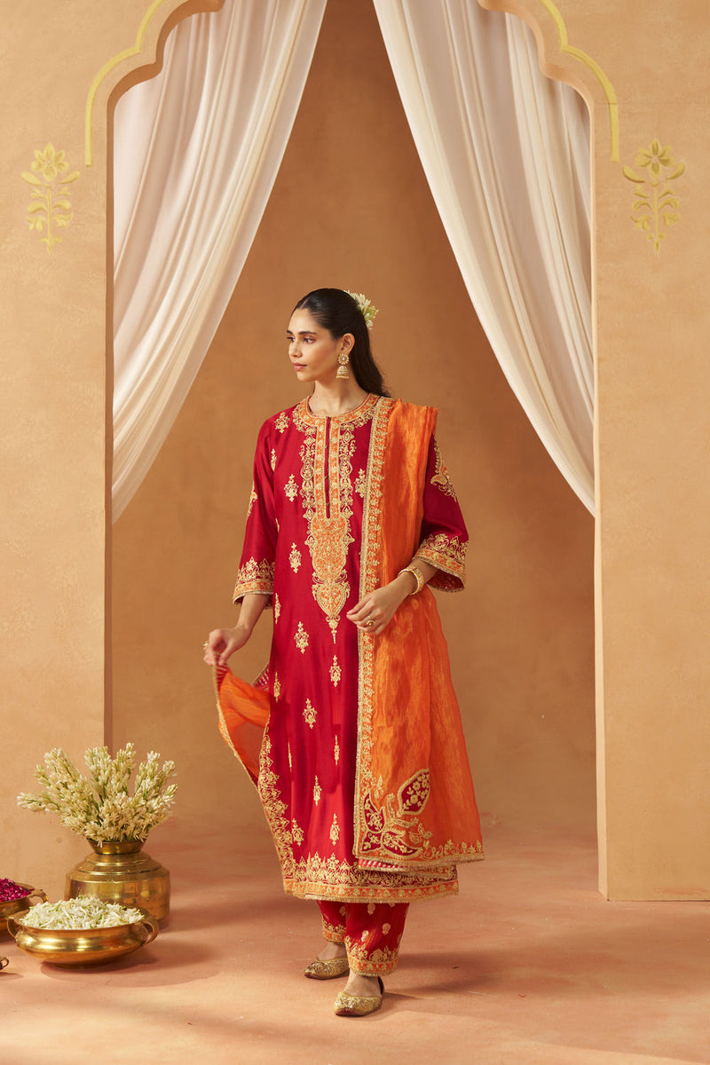 Mubina Deep Red Kurta with Salwar and Dupatta silk chanderi kurta/kurta set by SHEETAL BATRA in red for women Worldwide