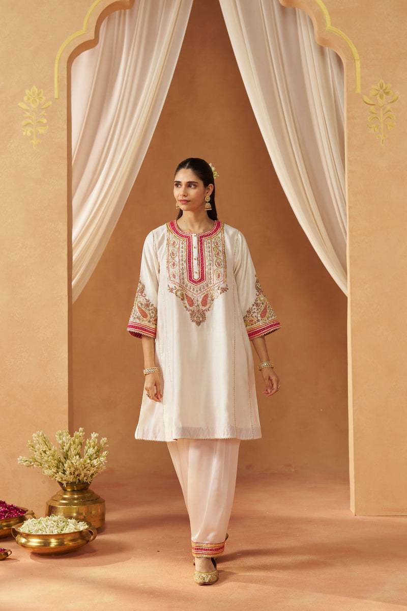 Zimal daisy ivory chauga with salwar silk chanderi kurta/kurta set by SHEETAL BATRA in ivory for women Worldwide