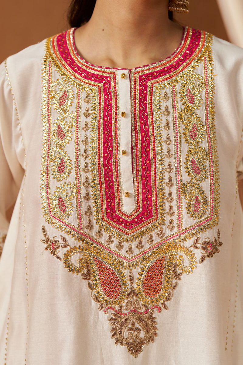 Zimal daisy ivory chauga with salwar silk chanderi kurta/kurta set by SHEETAL BATRA in ivory for women Worldwide