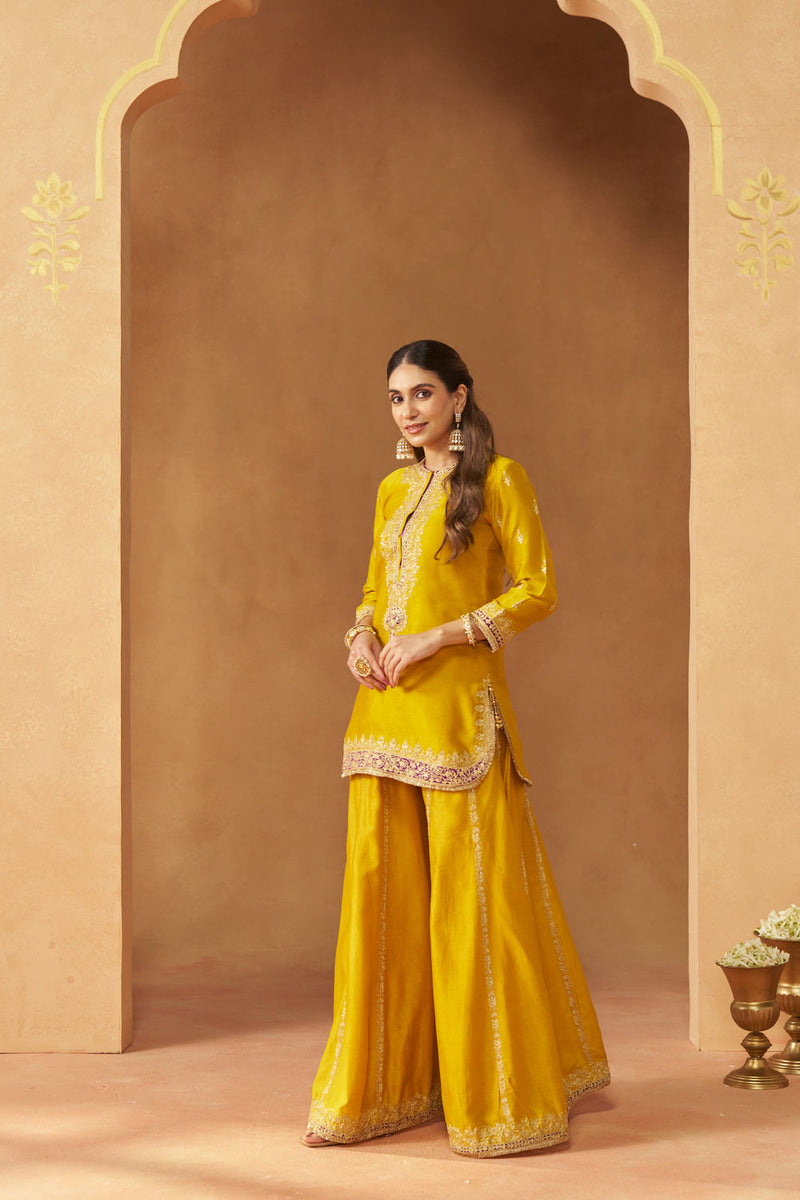 Fadiya Mustard Kurta with Sharara and Dupatta silk chanderi kurta/kurta set by SHEETAL BATRA in mustard for women Worldwide