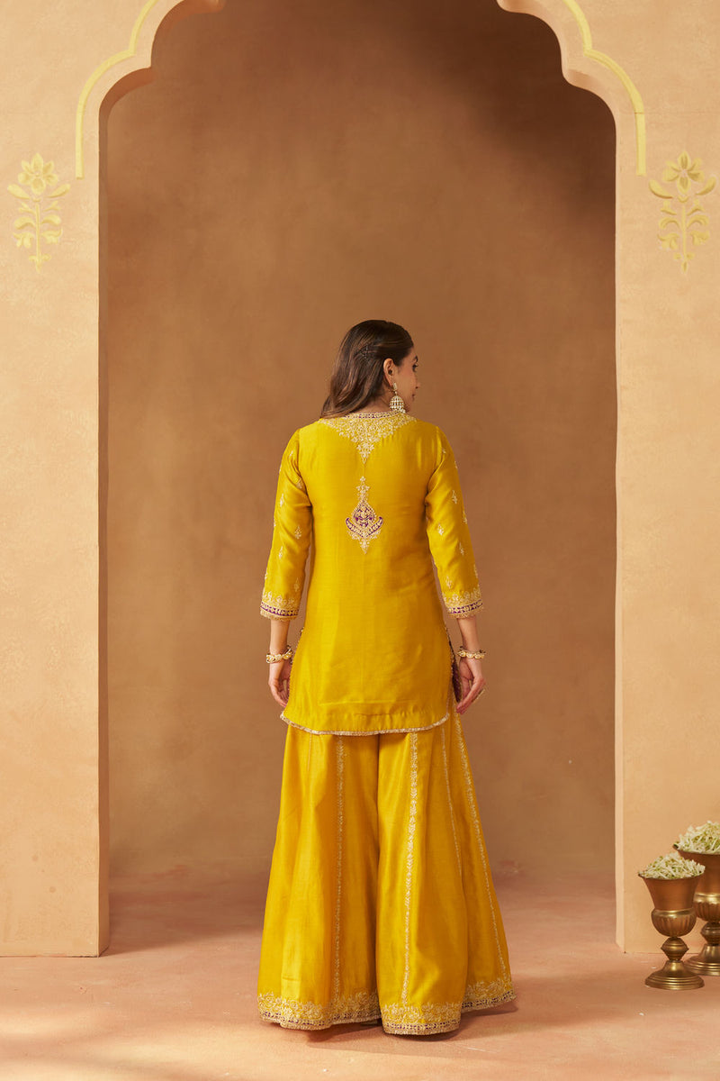 Fadiya Mustard Kurta with Sharara and Dupatta silk chanderi kurta/kurta set by SHEETAL BATRA in mustard for women Worldwide