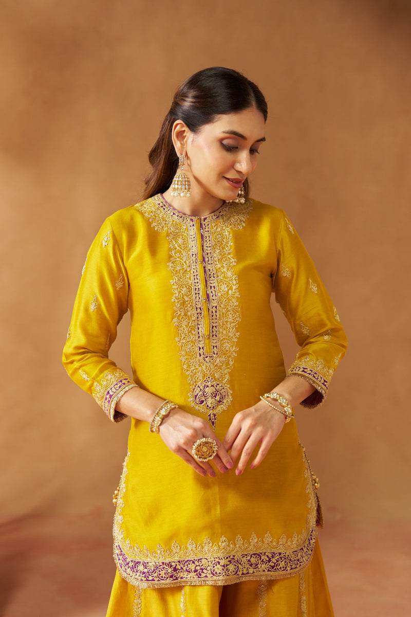 Fadiya Mustard Kurta with Sharara and Dupatta silk chanderi kurta/kurta set by SHEETAL BATRA in mustard for women Worldwide