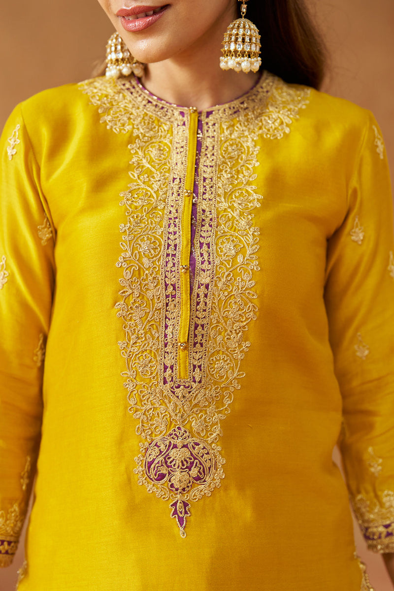 Fadiya Mustard Kurta with Sharara and Dupatta silk chanderi kurta/kurta set by SHEETAL BATRA in mustard for women Worldwide