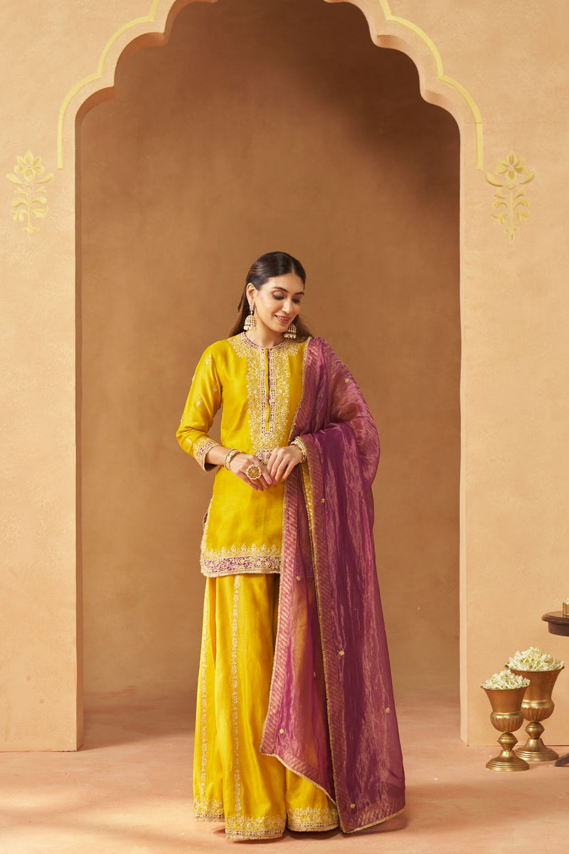 Fadiya Mustard Kurta with Sharara and Dupatta silk chanderi kurta/kurta set by SHEETAL BATRA in mustard for women Worldwide