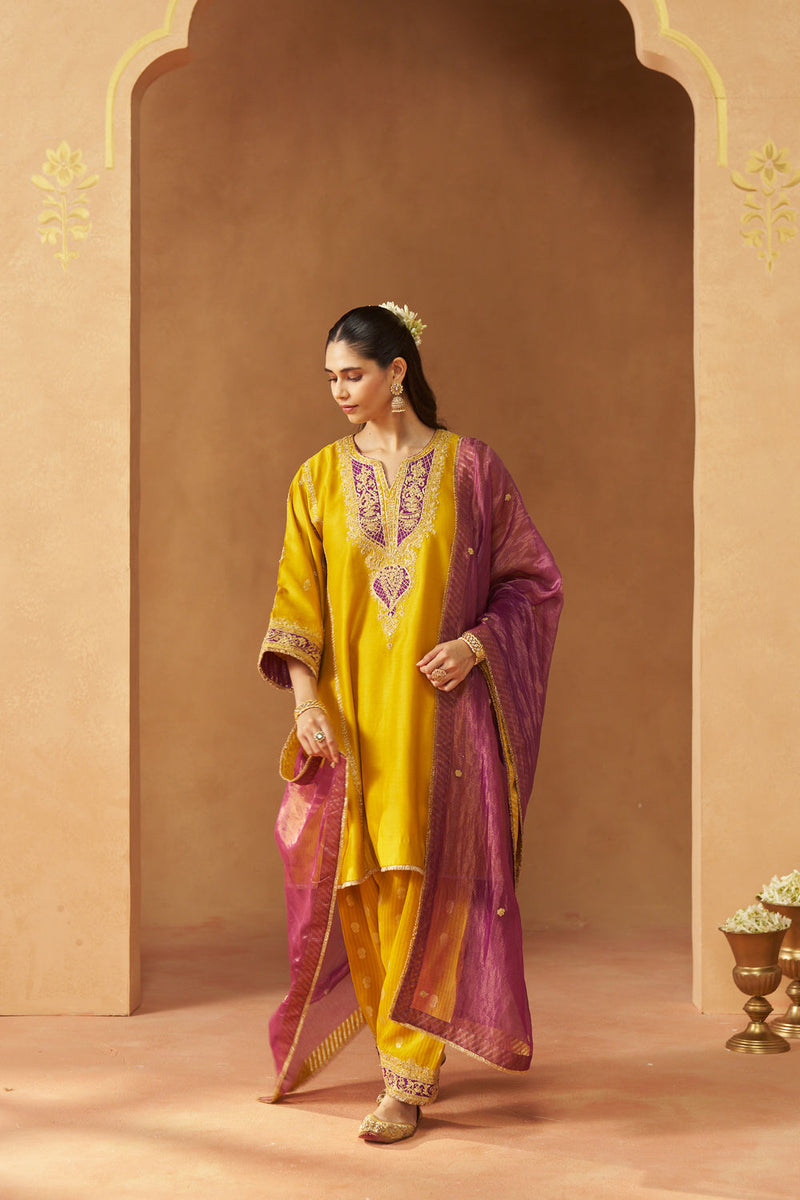 Maahgul Mustard Kalidaar Chauga with Salwar with Dupatta silk chanderi kurta/kurta set by SHEETAL BATRA in mustard for women Worldwide