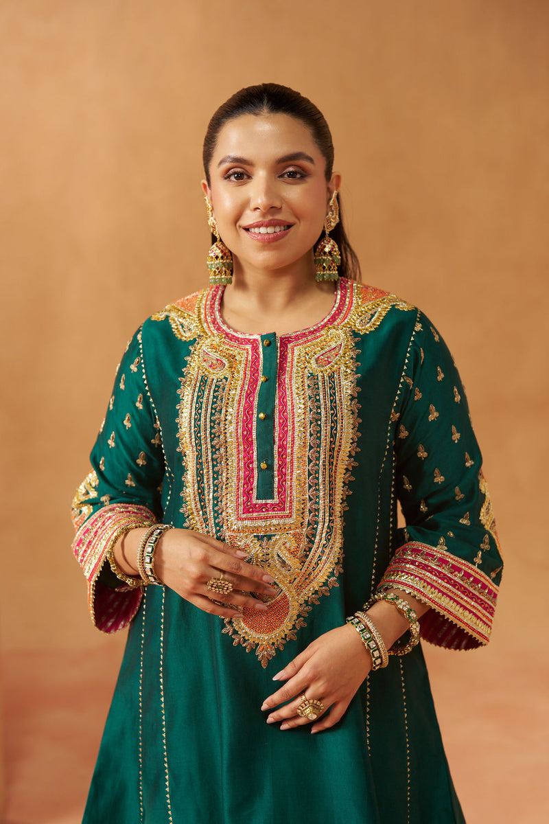 Riva emerald green chauga with salwar silk chanderi kurta/kurta set by SHEETAL BATRA in green for women Worldwide