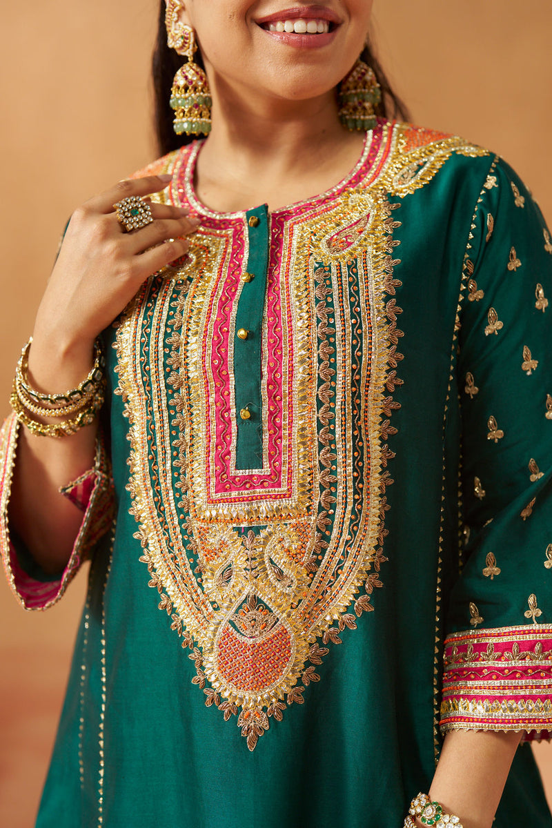 Riva emerald green chauga with salwar silk chanderi kurta/kurta set by SHEETAL BATRA in green for women Worldwide