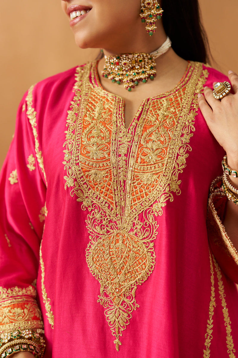 Maahgul Hotpink Kalidaar Chauga with Salwar with Dupatta silk chanderi kurta/kurta set by SHEETAL BATRA in pink for women Worldwide