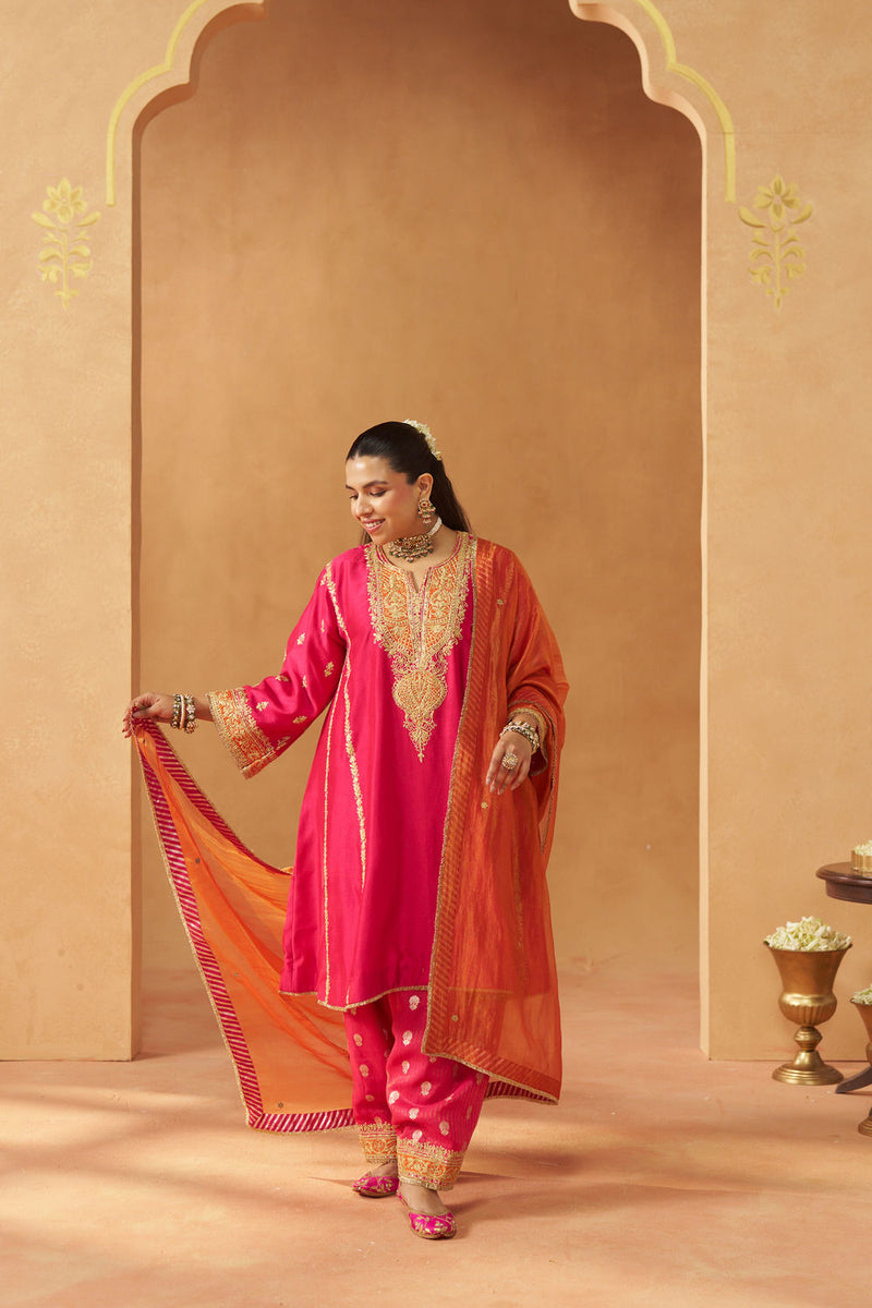 Maahgul Hotpink Kalidaar Chauga with Salwar with Dupatta silk chanderi kurta/kurta set by SHEETAL BATRA in pink for women Worldwide