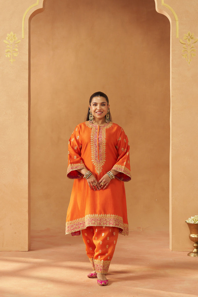 Zeenal Burnt Orange A-Line Kaaftan with Salwar with Dupatta silk chanderi kurta/kurta set by SHEETAL BATRA in orange for women Worldwide