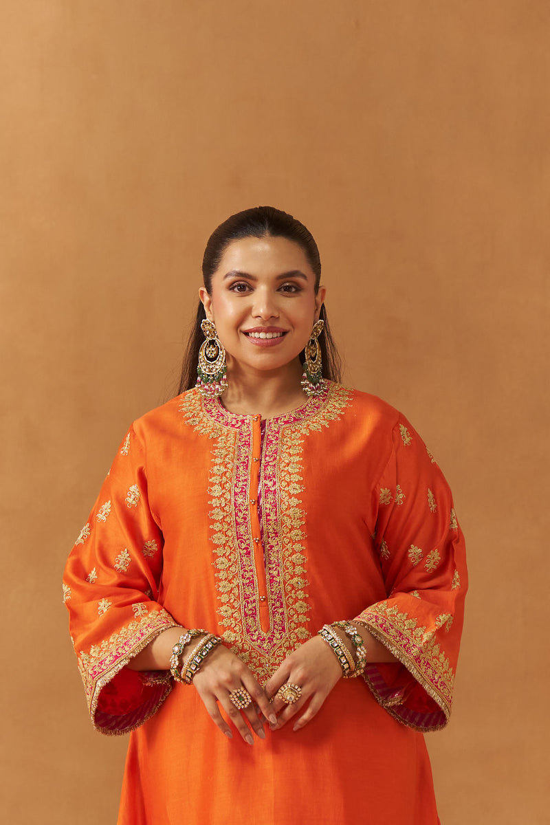 Zeenal Burnt Orange A-Line Kaaftan with Salwar with Dupatta silk chanderi kurta/kurta set by SHEETAL BATRA in orange for women Worldwide
