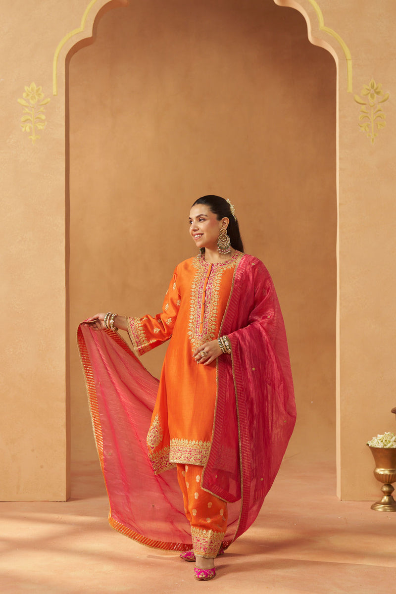 Zeenal Burnt Orange A-Line Kaaftan with Salwar with Dupatta silk chanderi kurta/kurta set by SHEETAL BATRA in orange for women Worldwide