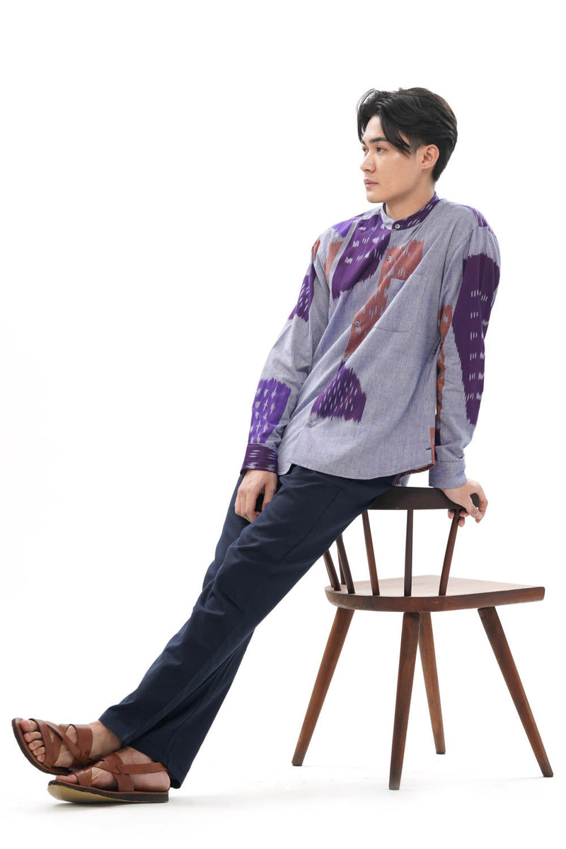 SHOBU MENS STAND IN COLLAR SHIRT 100% cotton by Translate Men in grey color for men Worldwide
