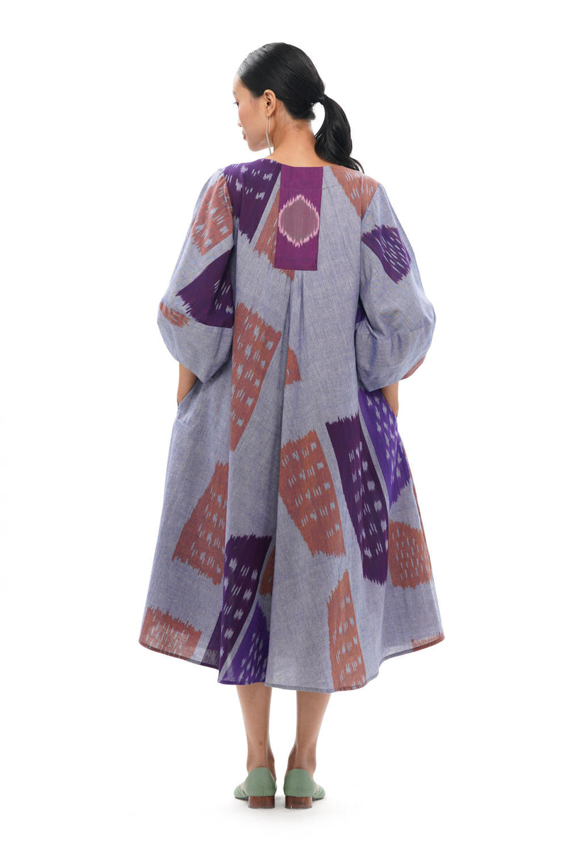 SHOBU LANTERN BIAS DRESS 100% cotton by Translate - Handwoven Ikat in purple color for women Worldwide