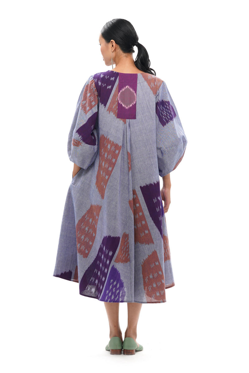 SHOBU LANTERN BIAS DRESS 100% cotton by Translate - Handwoven Ikat in purple color for women Worldwide