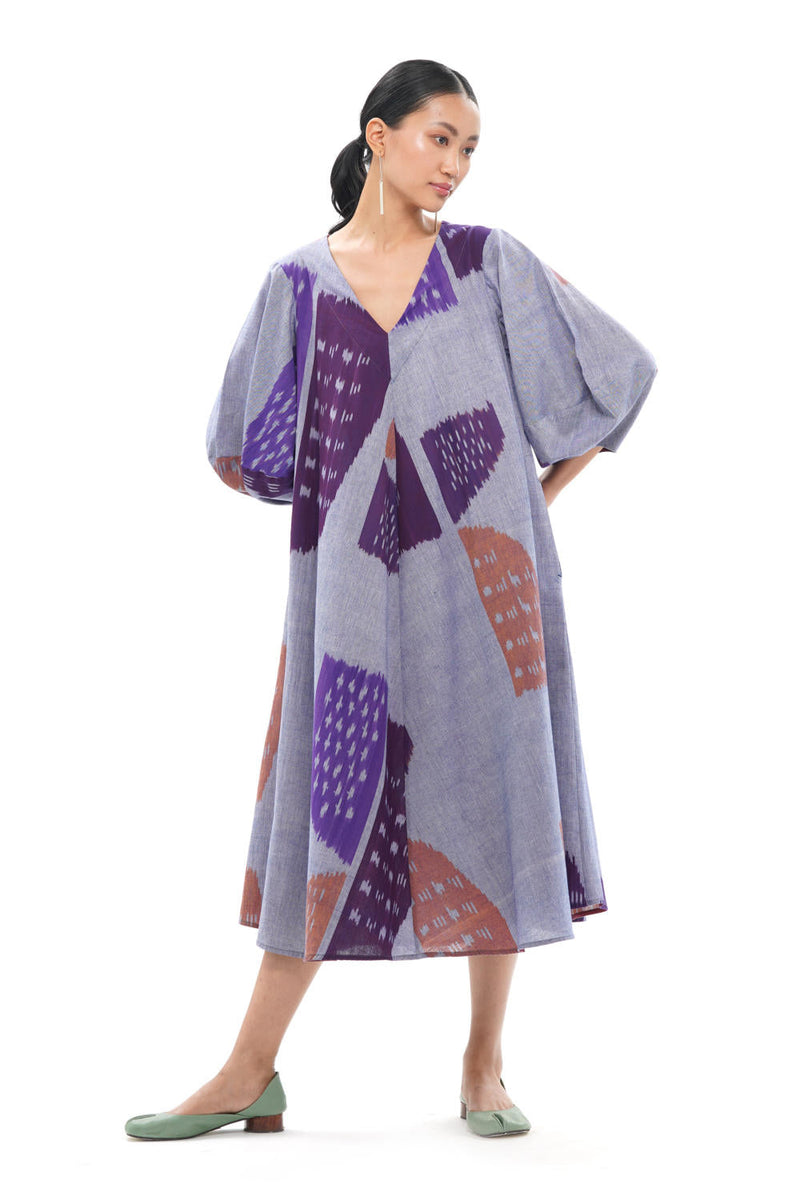 SHOBU LANTERN BIAS DRESS 100% cotton by Translate - Handwoven Ikat in purple color for women Worldwide