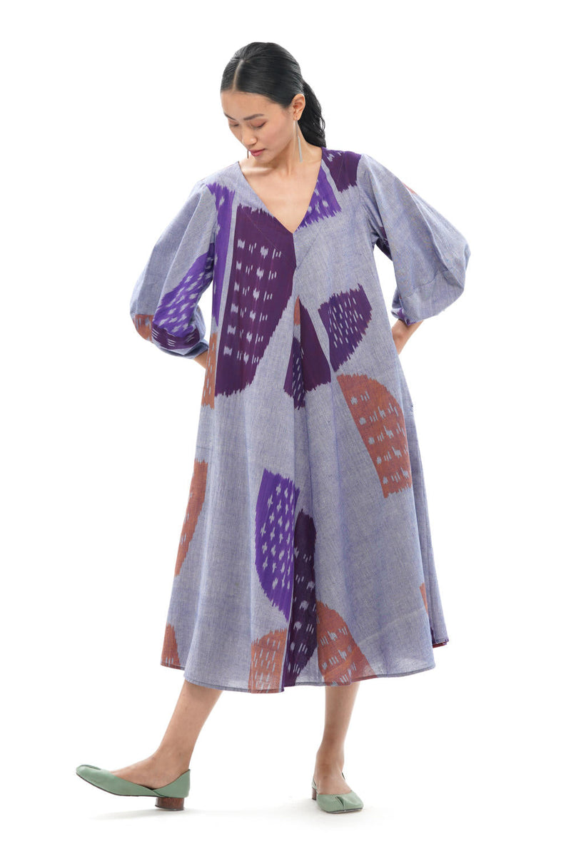 SHOBU LANTERN BIAS DRESS 100% cotton by Translate - Handwoven Ikat in purple color for women Worldwide