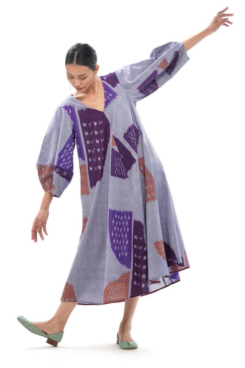 SHOBU LANTERN BIAS DRESS 100% cotton by Translate - Handwoven Ikat in purple color for women Worldwide