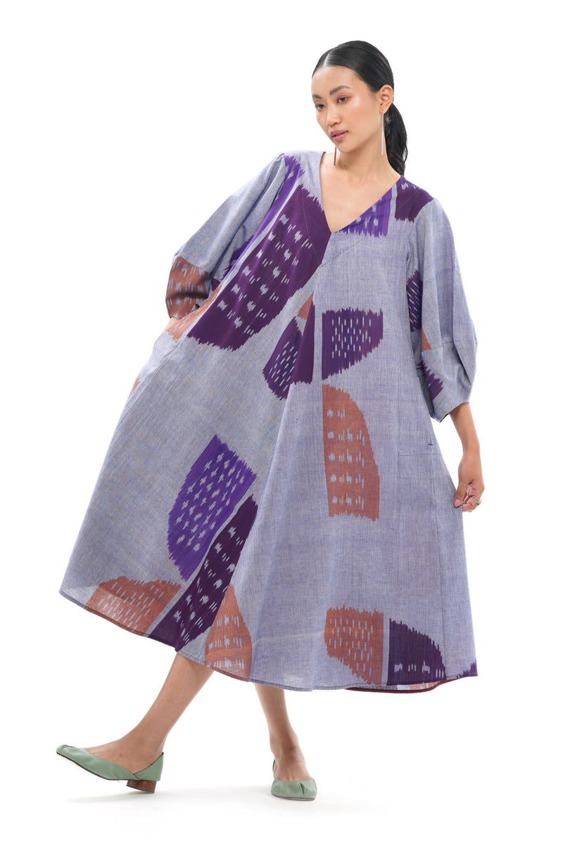 SHOBU LANTERN BIAS DRESS 100% cotton by Translate - Handwoven Ikat in purple color for women Worldwide
