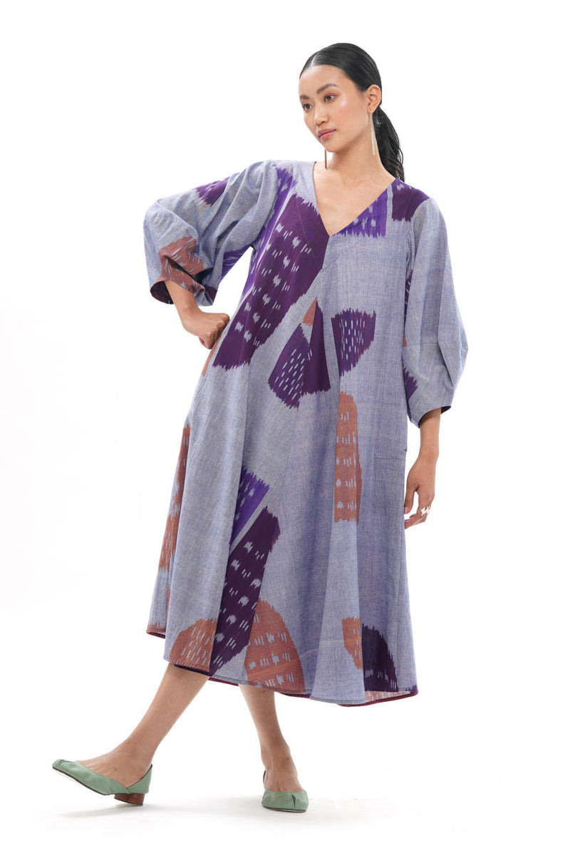 SHOBU LANTERN BIAS DRESS 100% cotton by Translate - Handwoven Ikat in purple color for women Worldwide