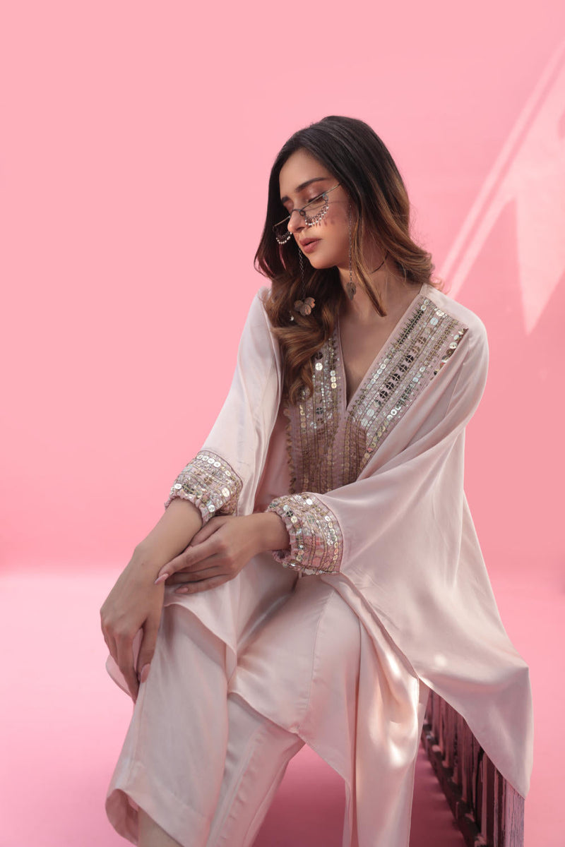 MISH Pink Kaftan Set with Pant satin by PRAHNAAYA in pink color for women Worldwide