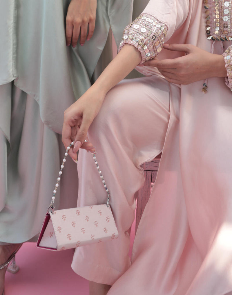 Sakura Pink Handprinted Clutch Bag satin by PRAHNAAYA in pink color for women Worldwide