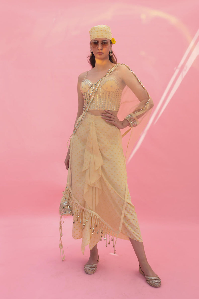 Yami Lemon Blouse Set with Skirt & Cape satin by PRAHNAAYA in yellow color for women Worldwide