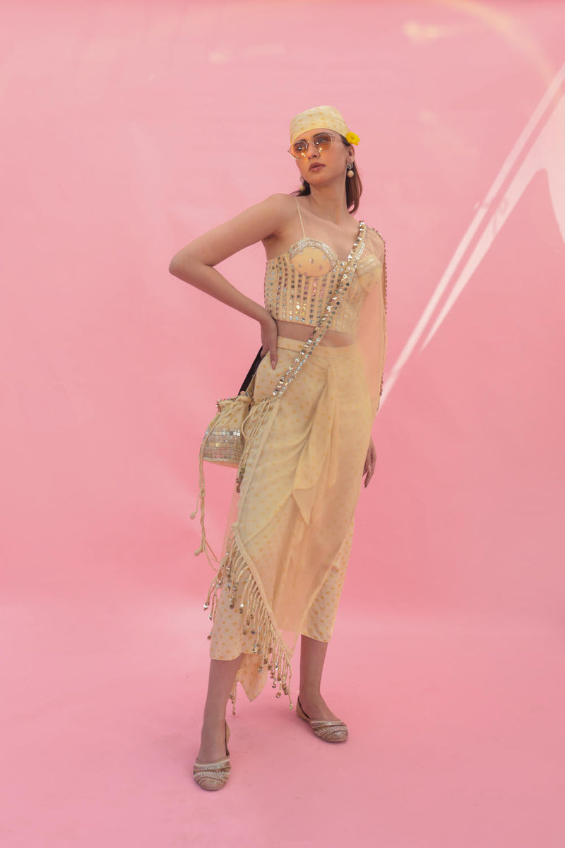 Yami Lemon Blouse Set with Skirt & Cape satin by PRAHNAAYA in yellow color for women Worldwide