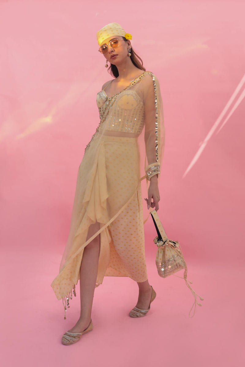 Yami Lemon Blouse Set with Skirt & Cape satin by PRAHNAAYA in yellow color for women Worldwide