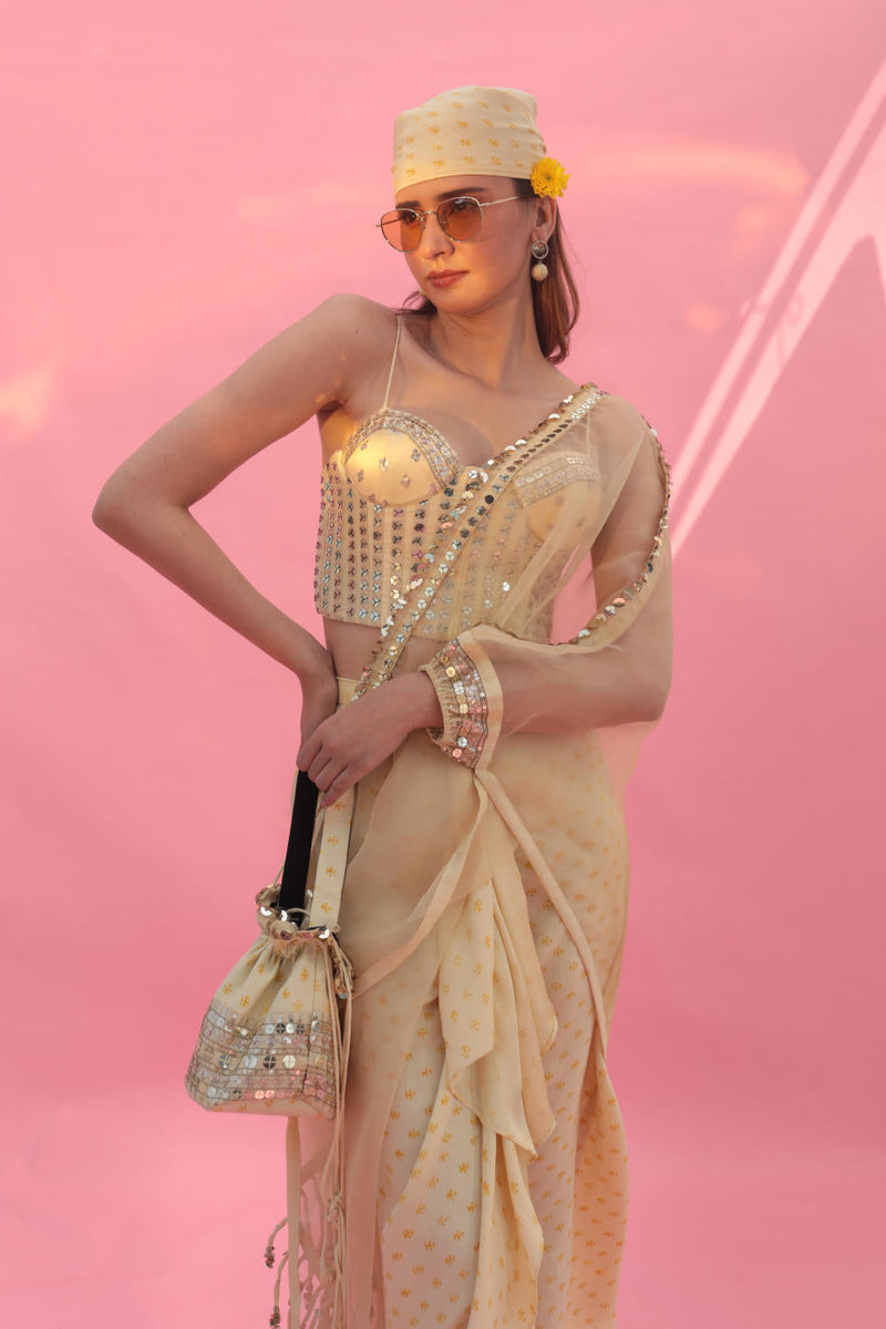 Yami Lemon Blouse Set with Skirt & Cape satin by PRAHNAAYA in yellow color for women Worldwide