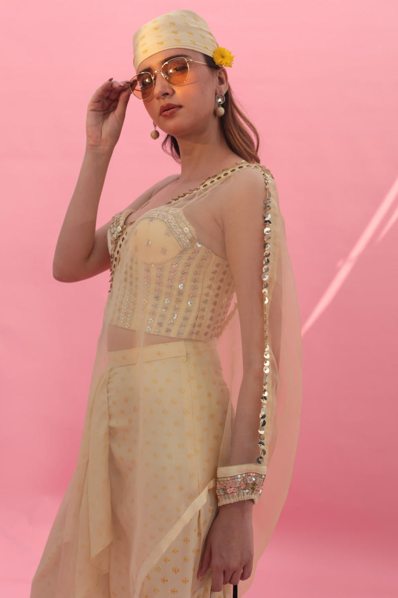Yami Lemon Blouse Set with Skirt & Cape satin by PRAHNAAYA in yellow color for women Worldwide