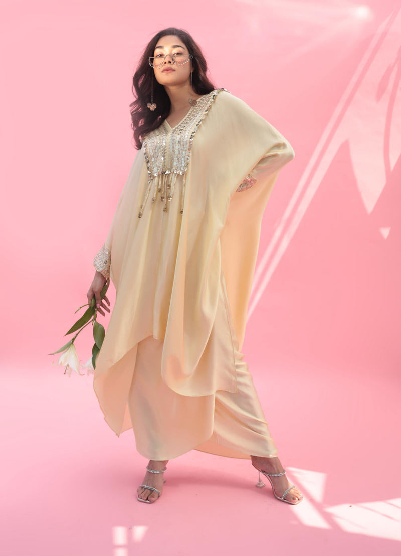 MISH Yellow Kaftan Set with Wrap Skirt satin by PRAHNAAYA in yellow color for women Worldwide
