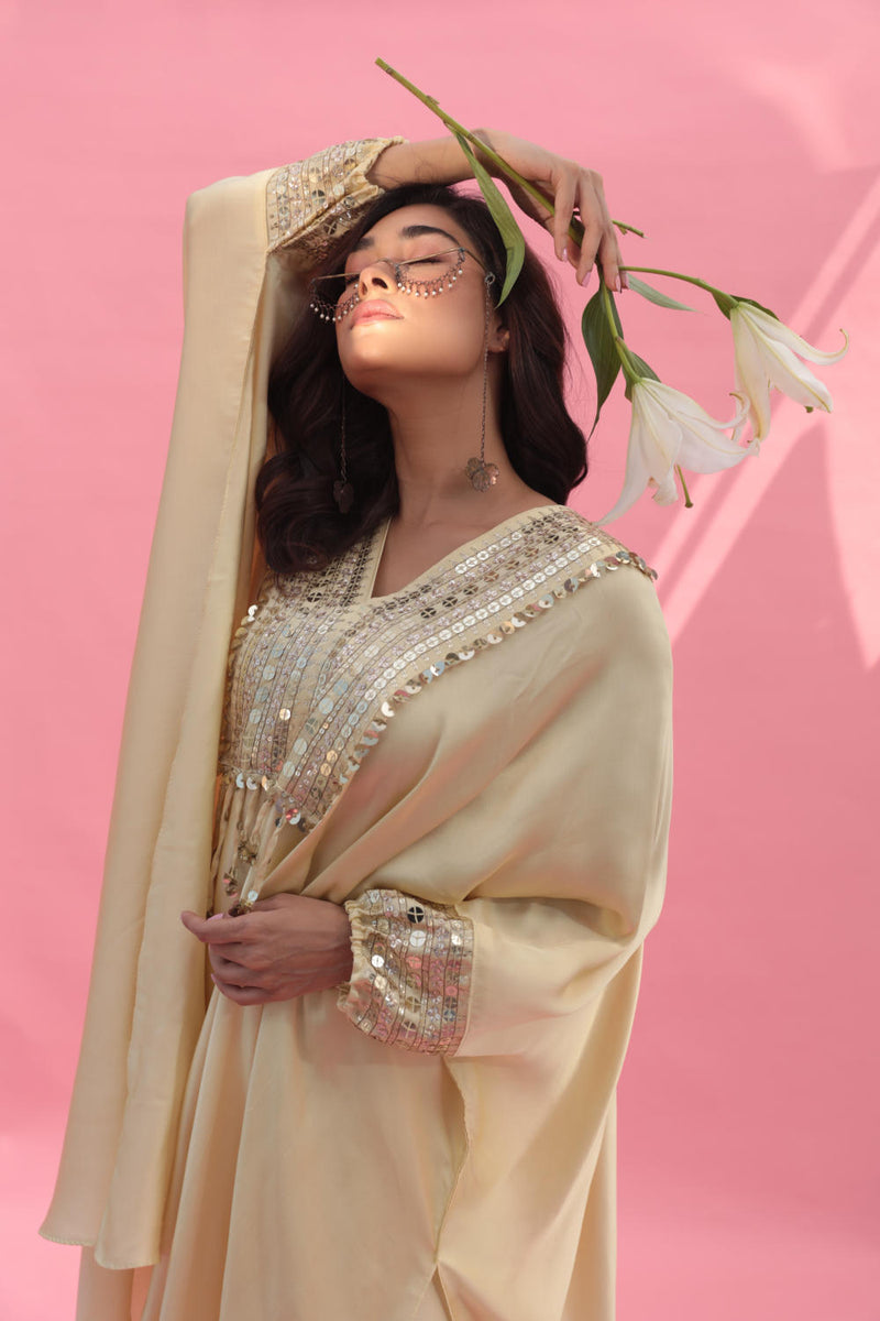MISH Yellow Kaftan Set with Wrap Skirt satin by PRAHNAAYA in yellow color for women Worldwide