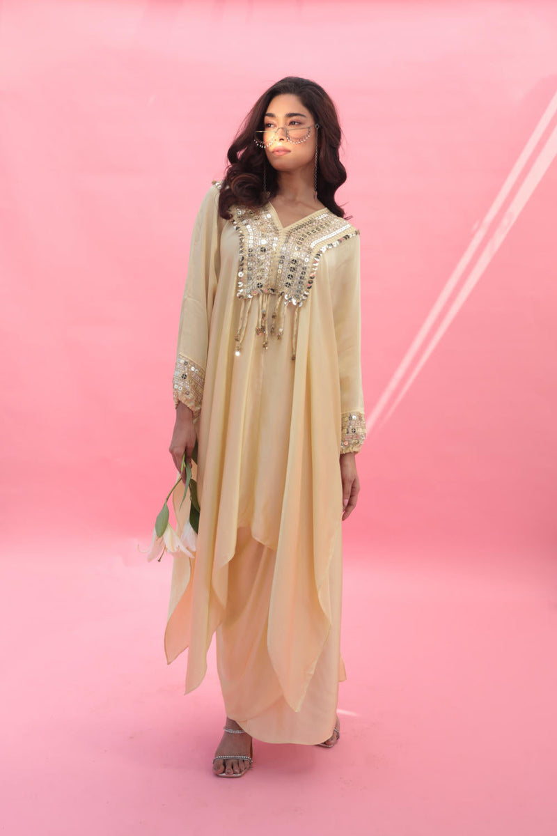 MISH Yellow Kaftan Set with Wrap Skirt satin by PRAHNAAYA in yellow color for women Worldwide
