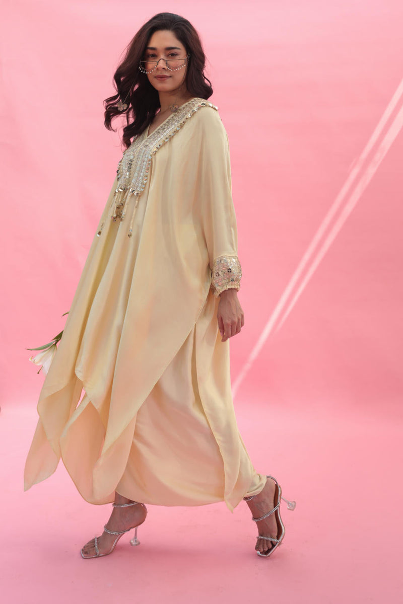 MISH Yellow Kaftan Set with Wrap Skirt satin by PRAHNAAYA in yellow color for women Worldwide