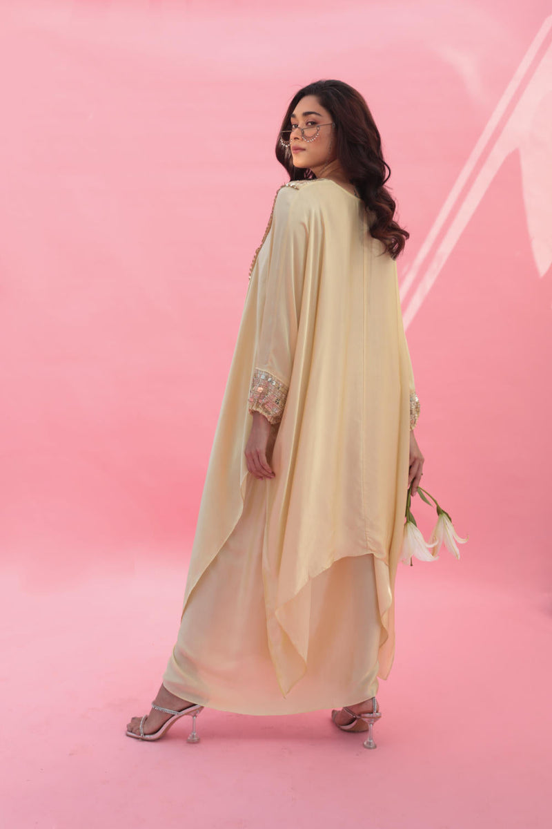 MISH Yellow Kaftan Set with Wrap Skirt satin by PRAHNAAYA in yellow color for women Worldwide