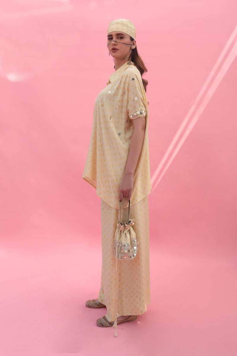 Masbah Yellow CO-ORD SET Pants satin by PRAHNAAYA in yellow color for women Worldwide