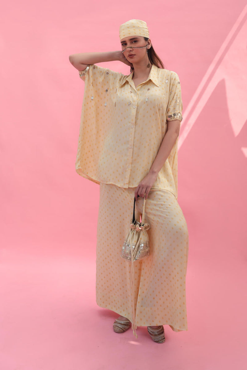 Masbah Yellow CO-ORD SET Pants satin by PRAHNAAYA in yellow color for women Worldwide