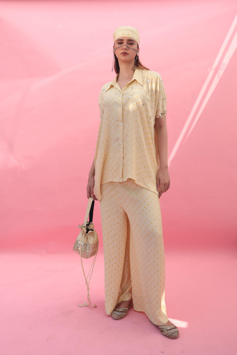 Masbah Yellow CO-ORD SET Pants satin by PRAHNAAYA in yellow color for women Worldwide