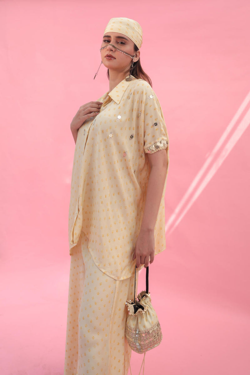 Masbah Yellow CO-ORD SET Pants satin by PRAHNAAYA in yellow color for women Worldwide