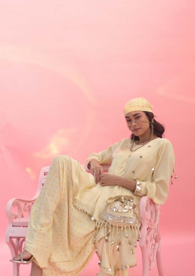 Sakura Yellow Potli Bag satin by PRAHNAAYA in yellow color for women Worldwide
